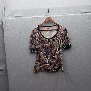 Joyous & Free Womens Printed Top With Beaded Cuffs Size M 90% Cotton 10% Spandex